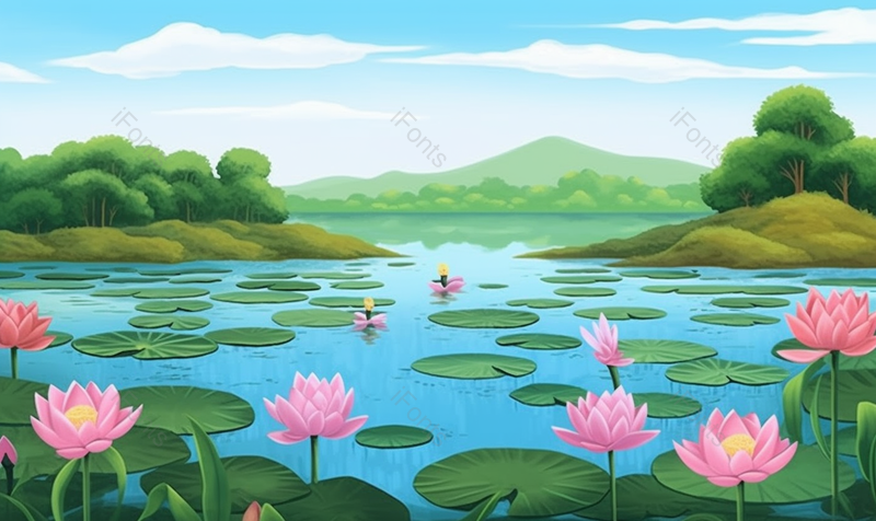 绿色盛夏池塘里的荷叶和盛开的荷花插画,插画/手绘图,插画/手绘图库,插画/手绘图下载,插画/手绘